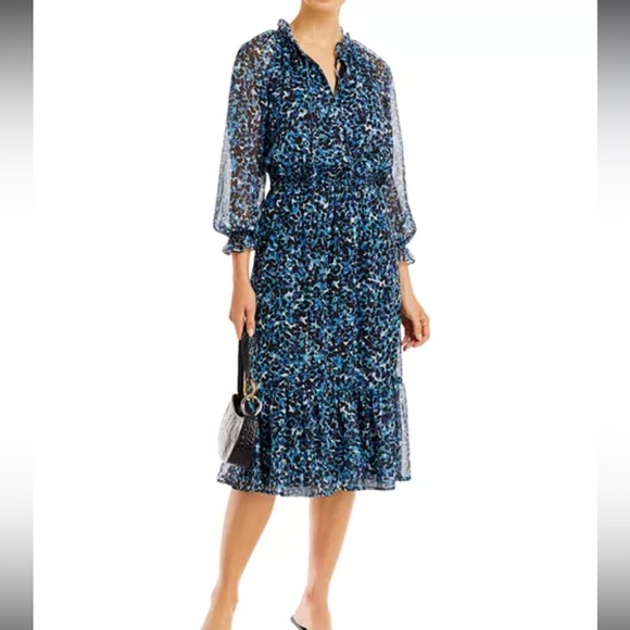 Aqua Blue and Black abstract print Floral Long Sleeve Dress - Picture 2 of 5